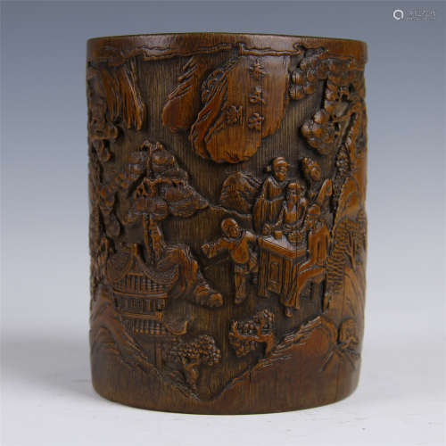 CHINESE BAMBOO CARVED FIGURES IN MOUNTAIN BRUSH POT