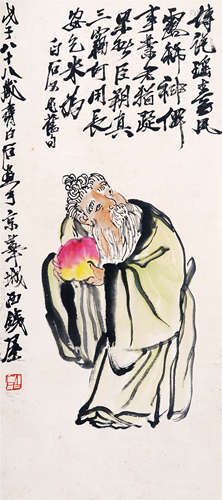 CHINESE SCROLL PAINTING OF OLD MAN WITH PEACH