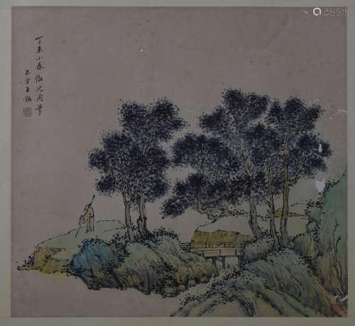 ONE PAGE OF CHINESE ALBUM PAINTING OF MAN IN MOUNTAIN