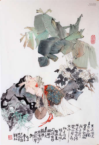 CHINESE SCROLL PAINTING OF BEAUTY UNDER BANANA LEAF