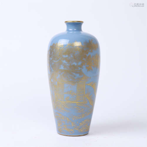 CHINESE PORCELAIN BLUE GLAZE GOLD PAINTED MEIPING VASE
