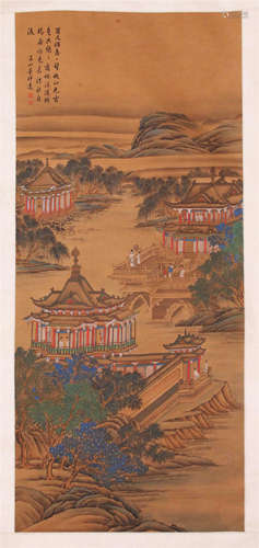 CHINESE SCROLL PAINTING OF TEMPLE IN MOUNTAIN