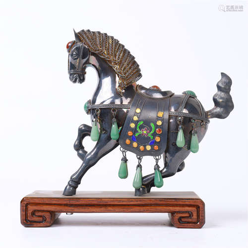 CHINESE GEM STONE INLAID ENAMLE SILVER HORSE