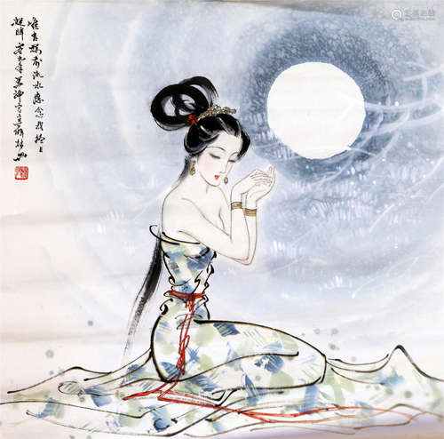 CHINESE SCROLL PAINTING OF BEAUTY UNDER MOON