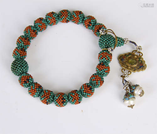 CHINESE TURQUOISE CORAL INLAID AGALWOOD BEAD BRACELET