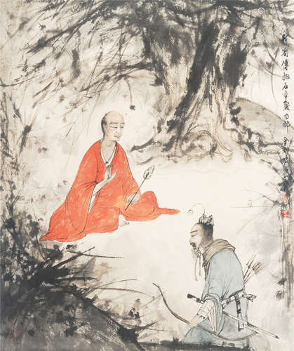 CHINESE SCROLL PAINTING OF MEN UNDER TREE