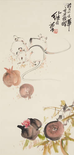 CHINESE SCROLL PAINTING OF MICE AND FRUIT