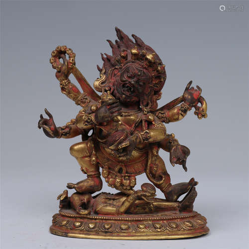 TIBETAN GILT BRONZE STANDING YAMANTAKA BUDDHA