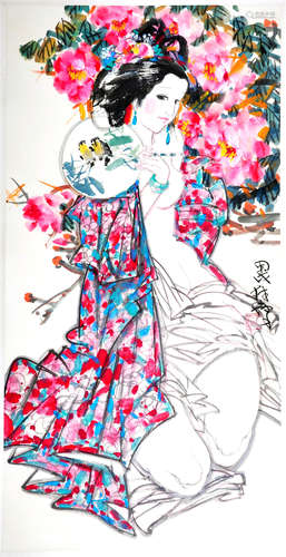 CHINESE SCROLL PAINTING OF BEAUTY WITH FLOWER