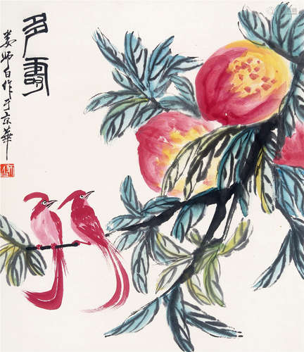 CHINESE SCROLL PAINTING OF BIRD AND PEACH