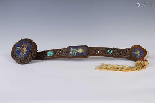 CHINESE LAPIS INLAID HUANGHUALI CARVED RUYI SCEPTER