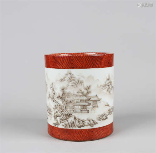 CHINESE PORCELAIN INK PAINTED MOUNTAIN VIEW BRUSH POT