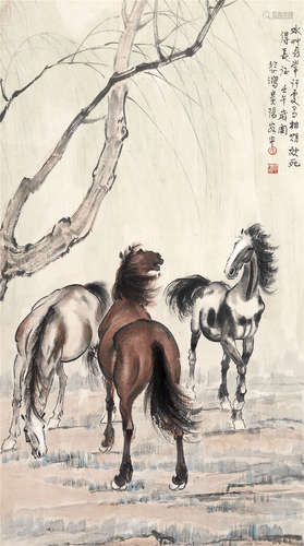 CHINESE SCROLL PAINTING OF HORSE UNDER WILLOW