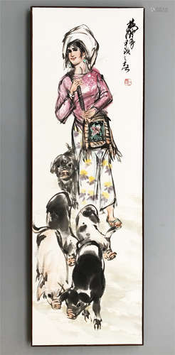 CHINESE SCROLL PAINTING OF GIRL AND PIG