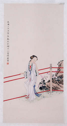 CHINESE SCROLL PAINTING OF BEAUTY IN GARDEN