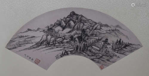 CHINESE FAN PAINTING OF MOUNTAIN VIEWS