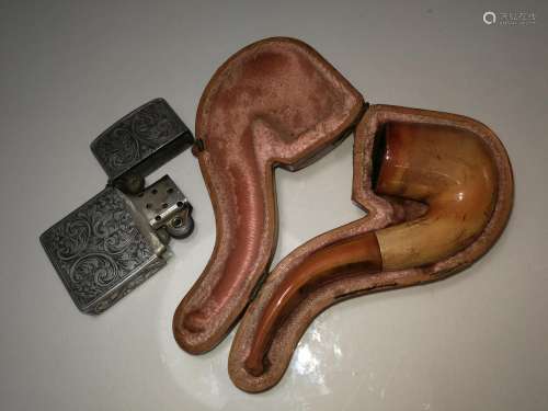 19th Century Silver Lighter Meerschaum Pipe Amber Nozzle.  5 inches and 2 1/4 x 1 1/2 x 1/2 inches.