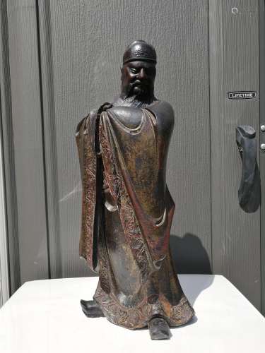 Ming Dynasty Partial Gilt Carved Wood Figure of An Official