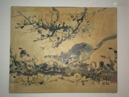 Chinese Oil Painting Cat Signed Jia Wu Nian(1954)