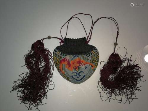 Qing Dynasty Chinese Embroidery Bat Brocade Purse