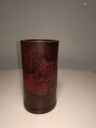 Old Chinese Bamboo Carving Calligraphy Figure Brush Pot