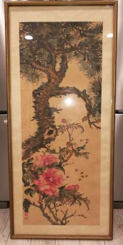 Chinese Painting Screen Pine & Peony Unknown Artist