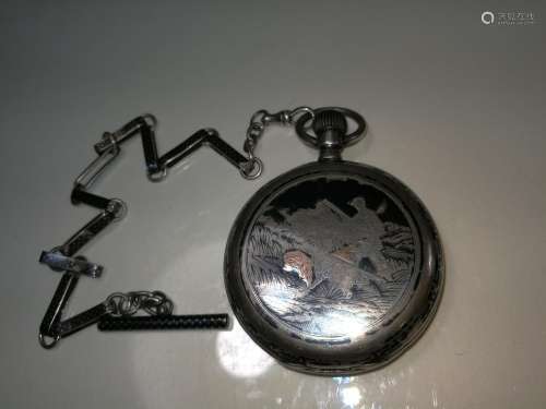 Old Silver Chain Inlaid Gold Pocket Watch