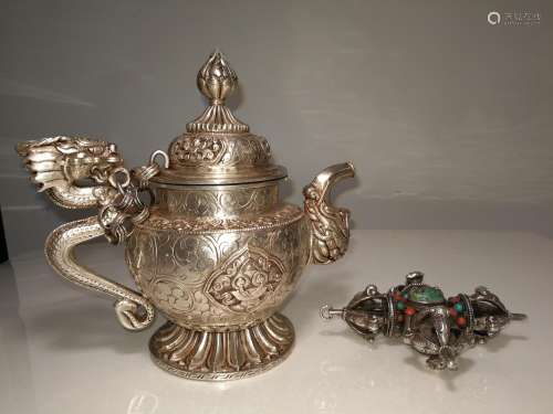 Tibet Silver Teapot and Silver FA QI Inlaid Treasures