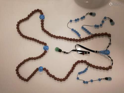 Chinese Walnut Carving Peking Glass Bead Necklace