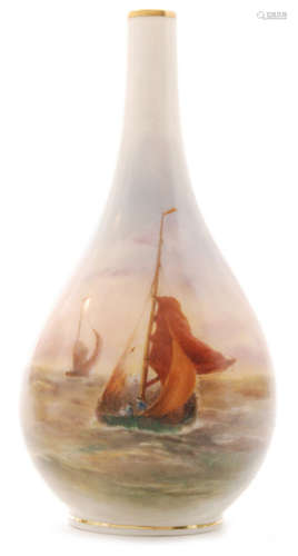 An early 20th Century Royal Worcester bottle vase panel decorated by H. Stinton with hand painted sailing boats in a seascape