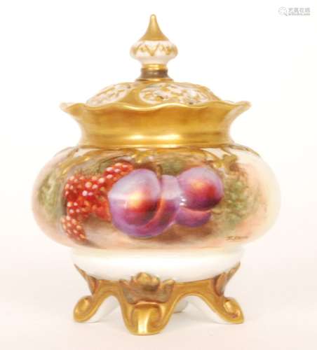 A Royal Worcester Fallen Fruits pot pourri and cover panel decorated by Smith with hand painted raspberries and plums