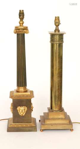 A French Empire period oil lamp base in the form of a Corinthian column with gilt metal mounts