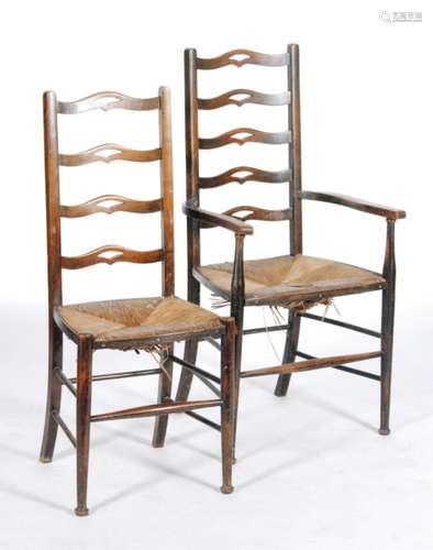 A set of six beech framed rush seated dining chairs