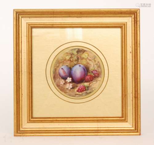 A framed Royal Worcester Fallen Fruits plaque hand painted by Sebright with plums and blackberries