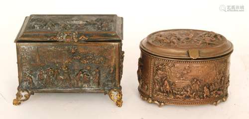 A French oval casket decorated with relief hunting and tavern scene panel to body and hinged cover