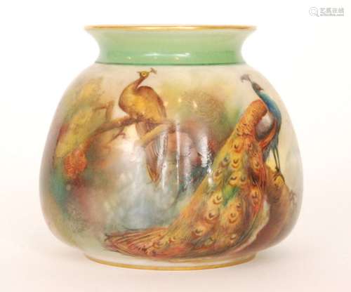 A Royal Worcester shape H158 cache pot decorated by Flexman with hand painted with two peacocks perched upon a pine cone branch