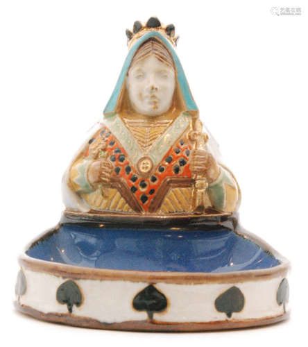 A Royal Doulton Lambeth trinket dish modelled as the Queen of Spades above a small blue glazed oval well