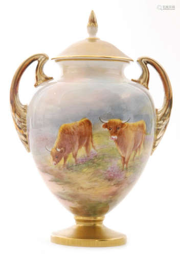 A later 20th Century Royal Worcester twin handled pedestal vase and cover panel decorated by Townsend with two Highland cattle in a mountainous landscape