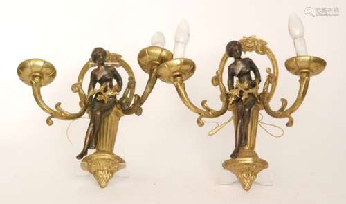 A pair of late 20th Century French Empire style gilt metal twin branch wall sconces each centred with a naked classical female holding an acanthus leaf