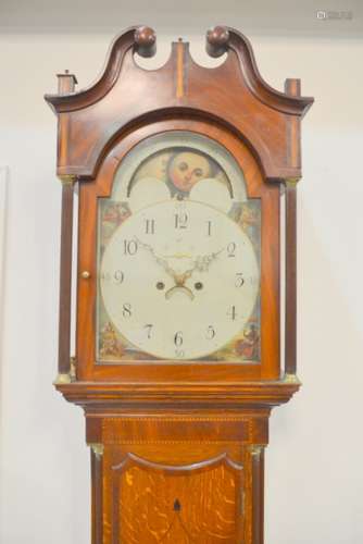 A 19th Century oak and mahogany longcase clock with painted circular dial and moon phase