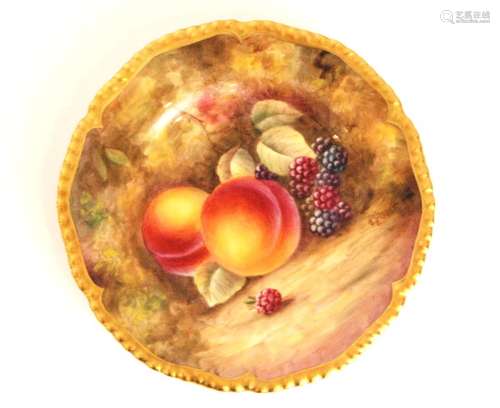 A small Royal Worcester Fallen Fruits side plate decorated by Skerrett with hand painted peaches and blackberries