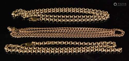 Two modern 9ct hallmarked belcher link chains with a filed curb example