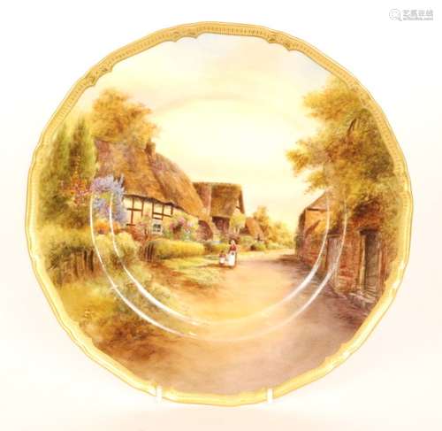 A Royal Worcester cabinet plate decorated by Rushton with a hand tinted scene entitled Little Comberton