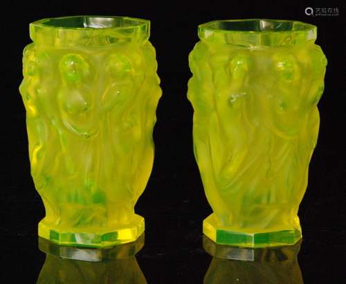 A pair of 20th Century Uranium glass vases in the manner of Schlevogt Hoffmann