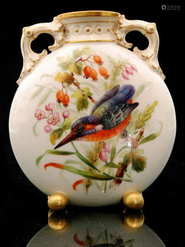 A small late 19th Century Royal Worcester moonflask vase panel decorated with a hand painted bird amidst foliage to each side