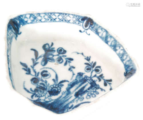 A late 18th Century First Period Worcester blue and white hors d'oeuvres section dish decorated in The Willow Rock Bird pattern