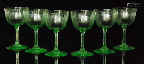 A set of six late 19th Century Uranium wine glasses