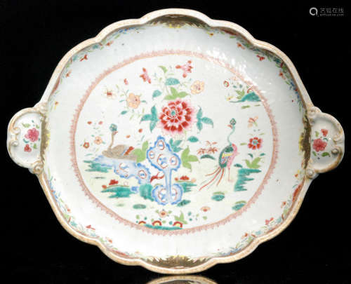 A large 19th Century Chinese export Famille Rose twin handled tray of lobed form