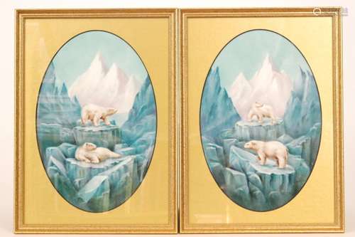 A pair of later 20th Century framed oval porcelain plaques decorated by former Royal Worcester artist Paul English with hand painted polar bears perched upon glaciers