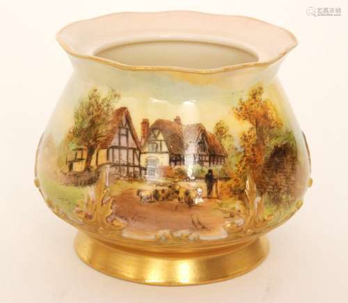 A Royal Worcester Hadleys shape 265 footed pot pourri vase (lacking cover) decorated with a scene entitled to the base 'Nr. Evesham' depicting a farmer driving sheep